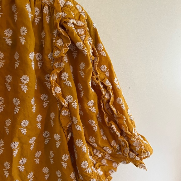 JCrew Mustard Peasant Blouse White Embroidered Flowers Keyhole Front - Picture 3 of 12